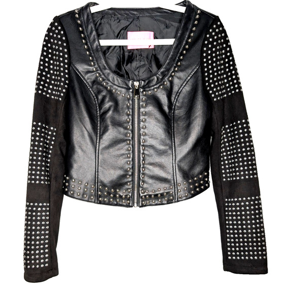 Azalea Wang Black Baddie Silver Studded Cropped Moto Boho Faux Leather Jacket M - Picture 1 of 9